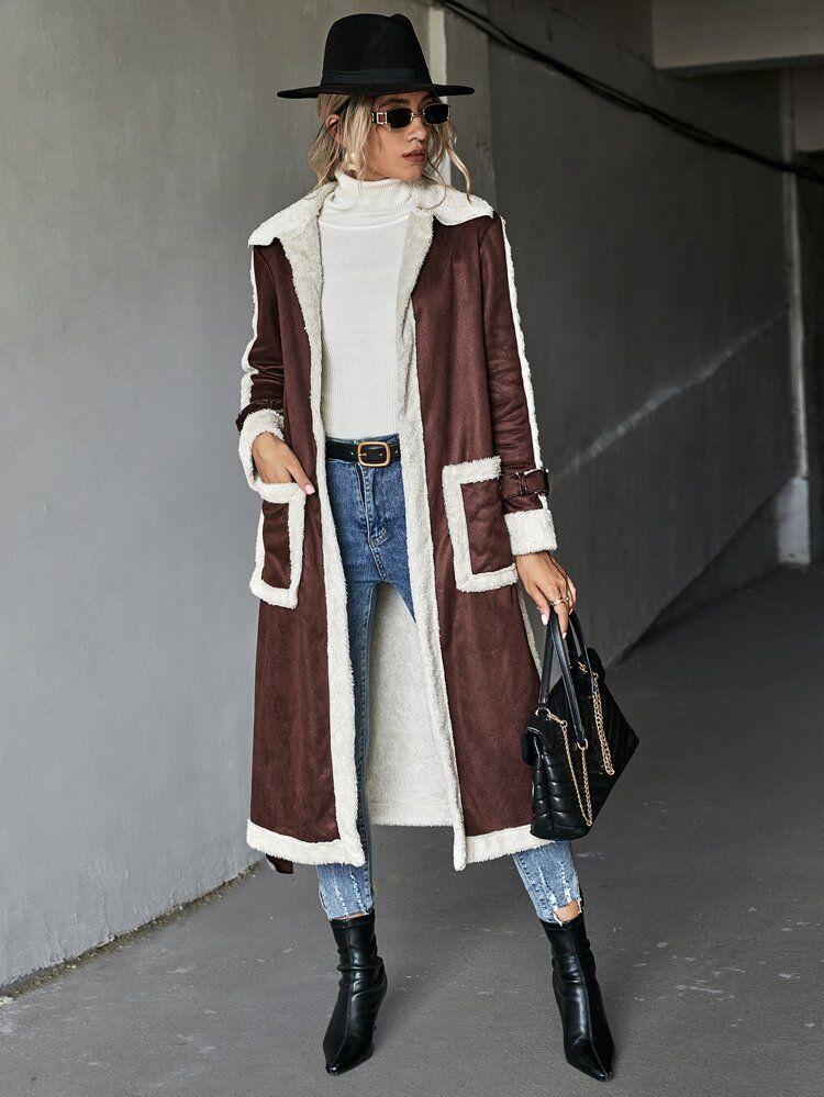 Dual Pocket Teddy Lined Belted Coat | SHEIN