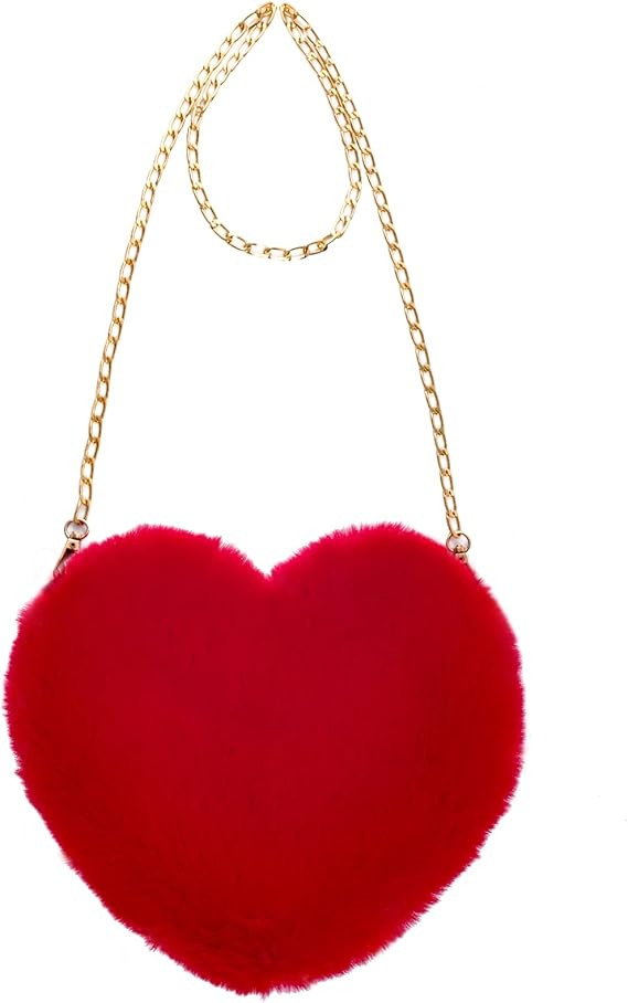 Heart Shaped Faux Fur Purse Fluffy Crossbody Bag Chain Shoulder Bag Cute Clutch Halloween Valenti... | Amazon (US)