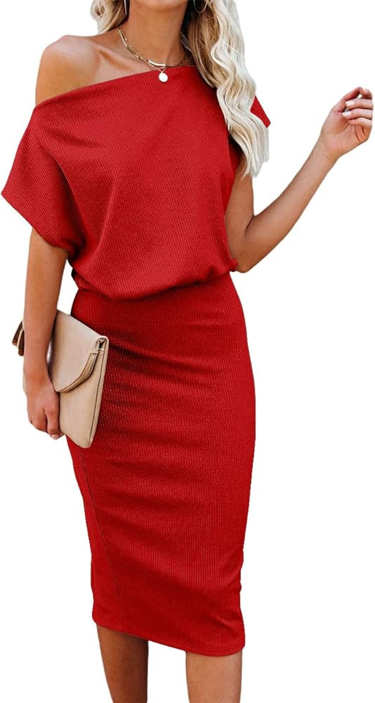 Ezbelle Women's Off The Shoulder Short Sleeve Ribbed Casual Party Bodycon Midi Dress | Amazon (US)