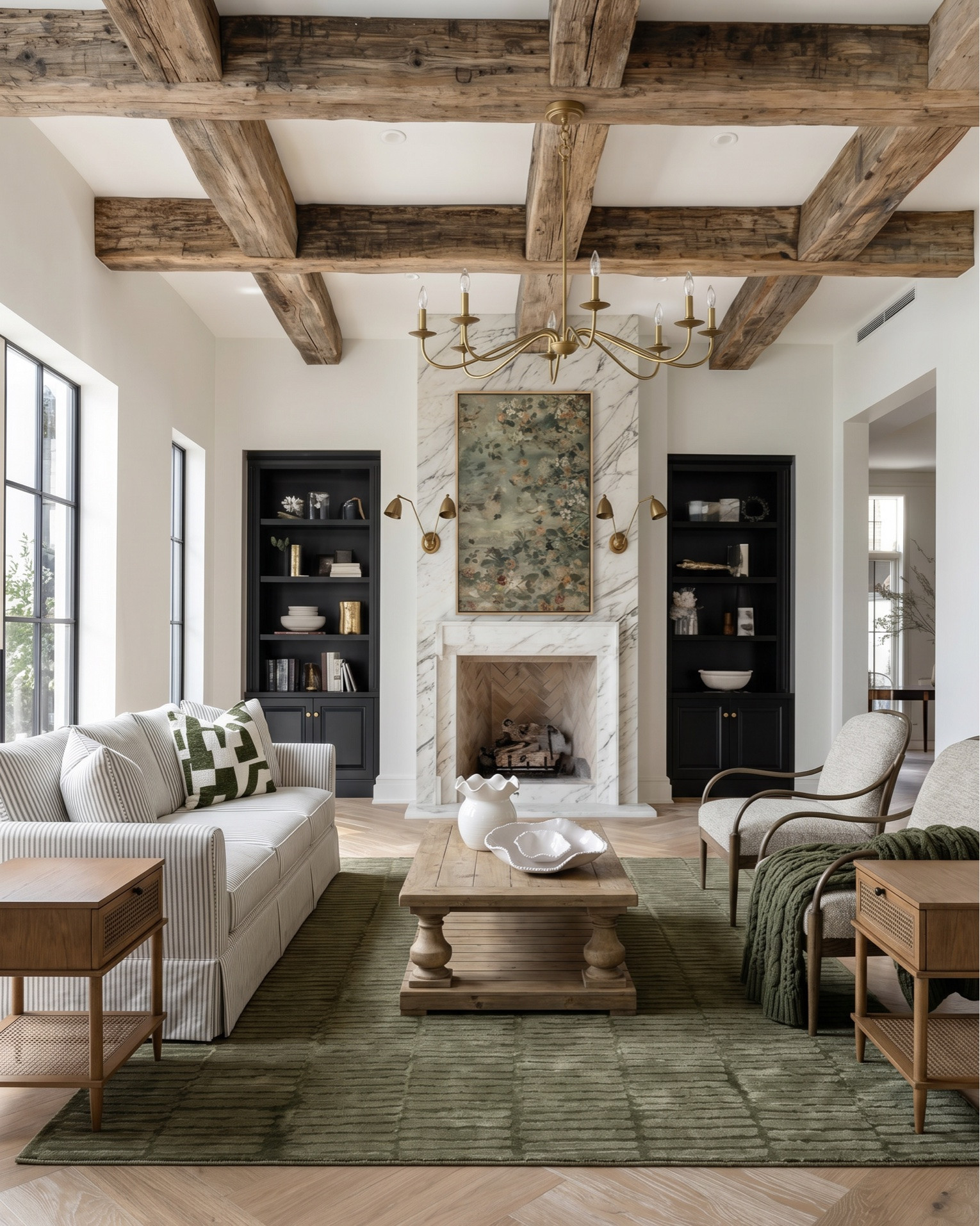 Shop the look:
* Slipcovered striped sofa (neutral performance fabric)
* Curved wood accent chairs with upholstered cushions
* Rustic wood coffee table (turned leg design)
* Mid-century style wood side tables with cane shelving
* Green textured area rug
* Marble fireplace surround with herringbone firebox
* Black built-in bookcases / shelving
* Rustic reclaimed wood ceiling beams
* Brass traditional chandelier
* Brass adjustable wall sconces
* Light oak herringbone hardwood flooring
* Vintage-inspired floral artwork
* Sculptural ceramic bowls
* White ruffle-edge decorative bowl
* Matte ceramic vase centerpiece
* Layered throw pillows (green geometric accent pillow)
* Olive green knit throw blanket
* Neutral decorative books
* Minimal black and brass shelf decor
* Organic pottery accents
* Rustic wood dining table (traditional farmhouse style)
* Cane back dining chairs with upholstered seats
* Dark vintage-inspired area rug
* Wood sideboard / buffet cabinet
* Black arched display cabinets with glass doors
* Neutral upholstered dining chairs
* Brass chandelier with pleated fabric shades
* Brass double arm wall sconces
* Oversized abstract wall art
* Warm ambient brass lighting
* Sculptural ceramic centerpiece bowl
* White ceramic decorative bowls
* Floral arrangement centerpiece
* Decorative woven tray
* Matte black vase decor
* Organic modern tabletop styling
* Rustic wood console styling
* Transitional farmhouse decor accents
* Black statement cabinetry

#LTKsale #LTKhome