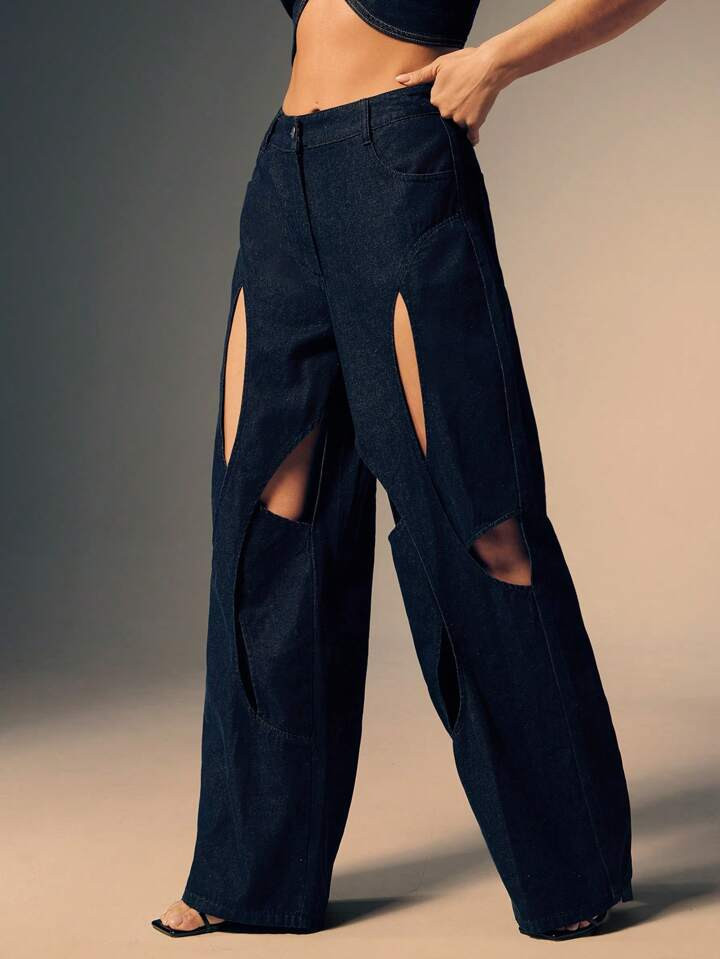 Denimoi Straight Leg Cut Out Design Denim Jeans | SHEIN