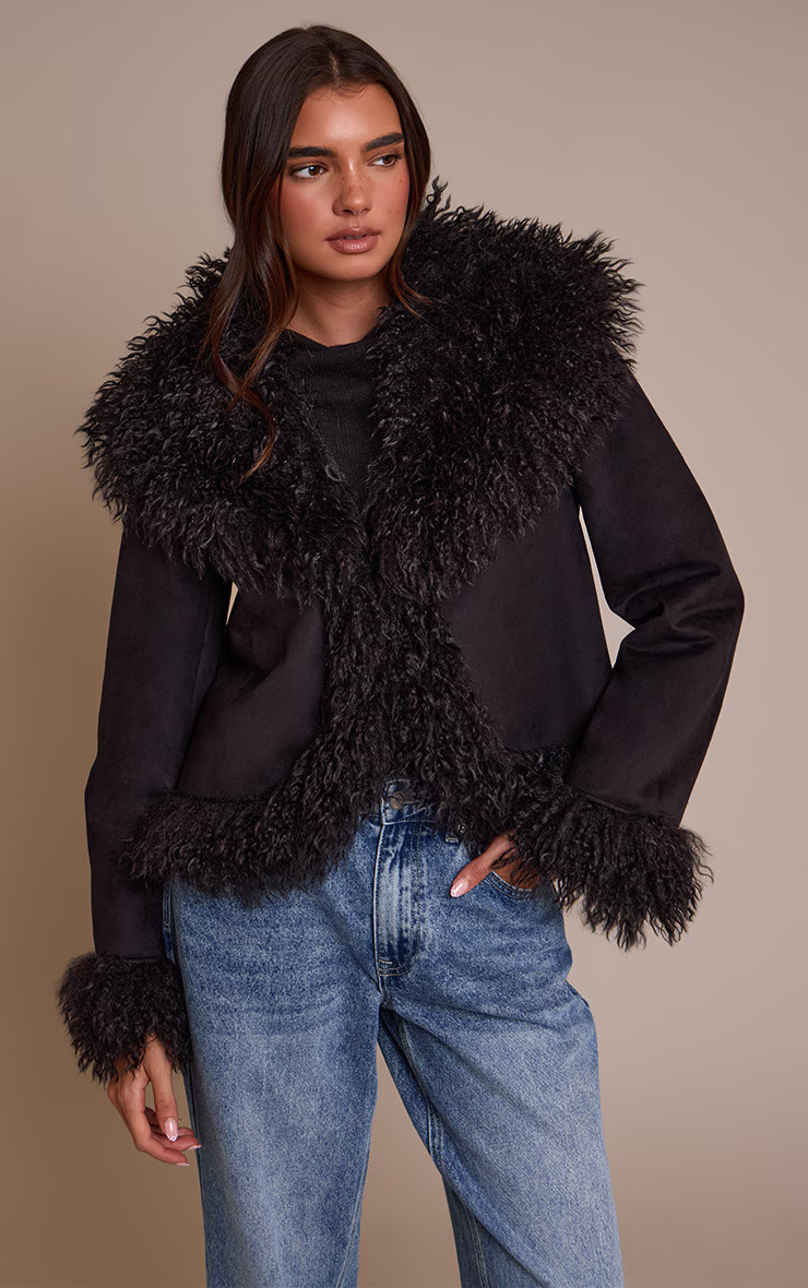 Black Faux Suede Trim Detail Coat | Outerwear | PrettyLittleThing US