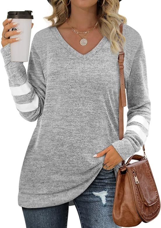 Sweatshirt for Women Fall Sweaters Cozy Long Sleeve Tops Light Grey XL at Amazon Women’s Clothi... | Amazon (US)