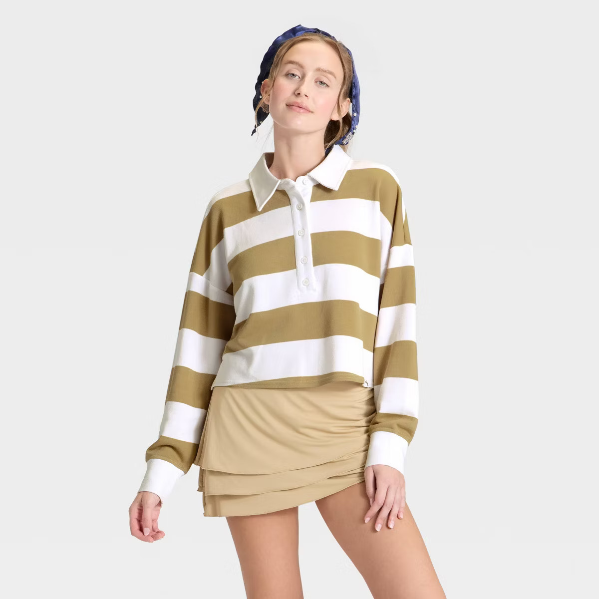 Women's Game Day Striped Cropped Long Sleeve Polo T-Shirt - JoyLab™ | Target