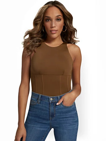 NY & Co Women's Sleeveless Contoured Bodysuit - Luxy USA Brown Size Large Spandex/Polyester | New York & Company