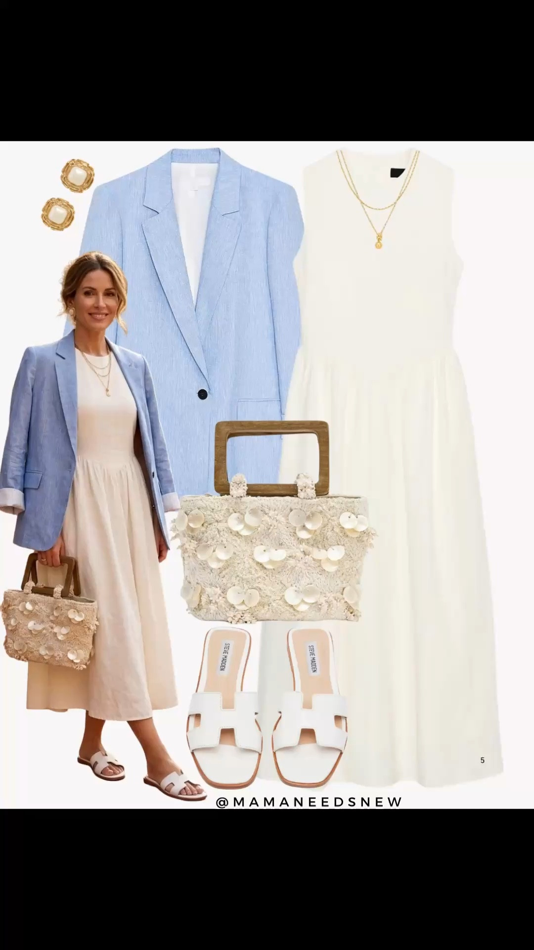 A spring outfit with a white dress, blue blazer, top handle bag, slide sandals 🩵🤍

#LTKSeasonal #LTKootd #LTKSaleAlert