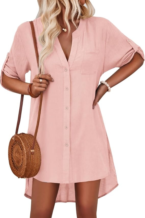 AI'MAGE Women's Swimsuit Cover Ups Shirt V-Neck Button Down Bathing Suit Coverups Beach Tunic Top... | Amazon (US)