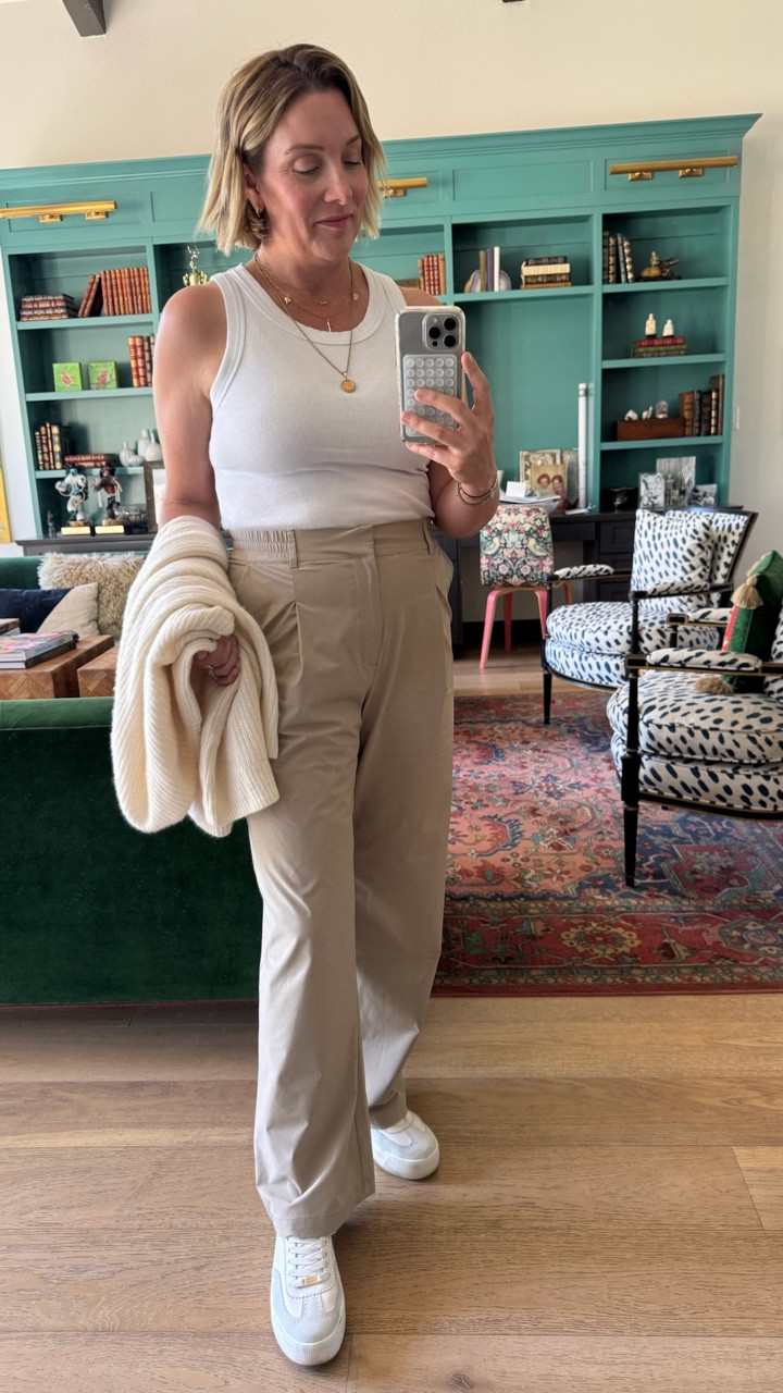 Travel outfit ✈️

Allison is off to Barcelona today! She’s loving these lightweight travel trousers by Alo- so comfy you can sleep in them, but also chic. Paired with ribbed white tank and her Quince cashmere cardigan for the chilly plane. She’s also loving these new favorite daughter sneakers.

Sizing notes:
Size down one in the pants. They run big. Allison in a small. She is 5’6”. Shoes run tts. 

#LTKTravel #LTKSummerEdit #LTKOver40