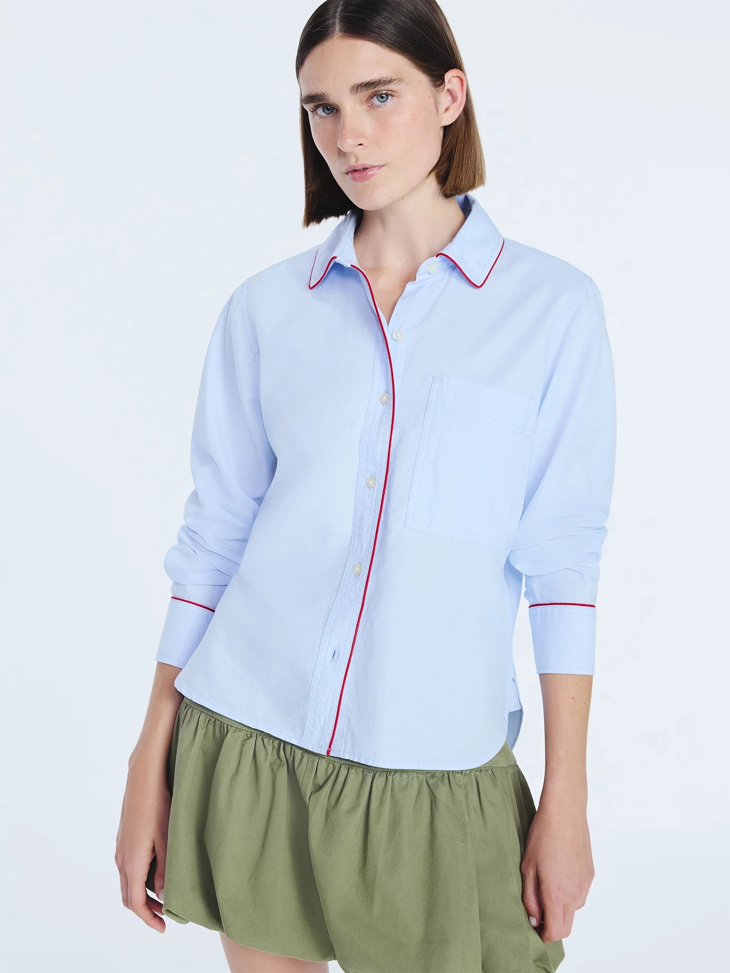Free Assembly Women's Contrast Piped Cotton Shirt with Long Sleeves, Sizes XS-XXL | Walmart (US)