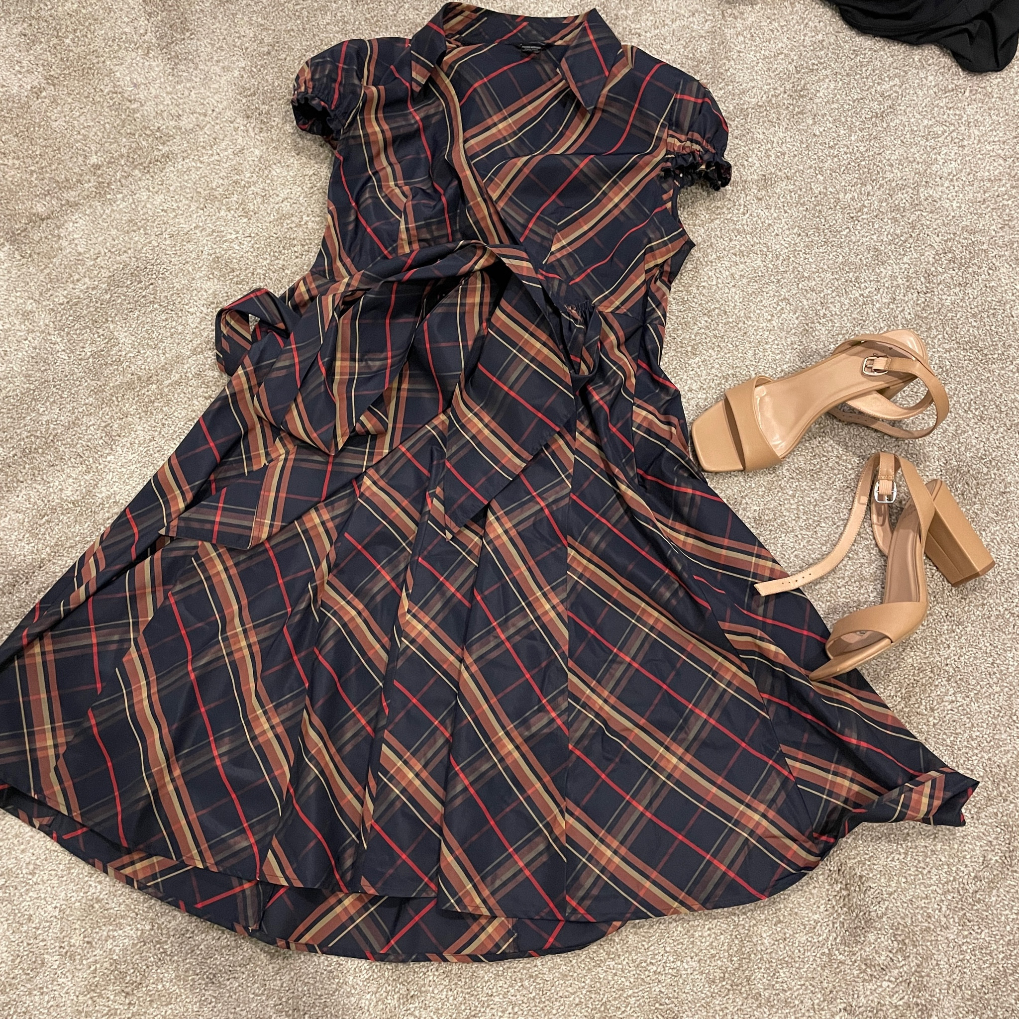 #holiday #plaid #checkerdress #fitandflaredress #plaiddress #heels #tanheels #heeledsandals #target #nudesandals #retro