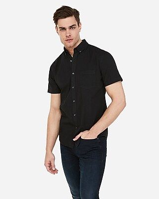 Slim Garment Dyed Button-Down Short Sleeve Shirt Black Men's XS | Express