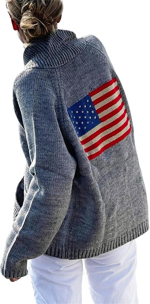 Women Y2k American Flag Pattern Sweater Solid Color Fourth of July Cardigan Patriotic Knic USA Bu... | Amazon (US)