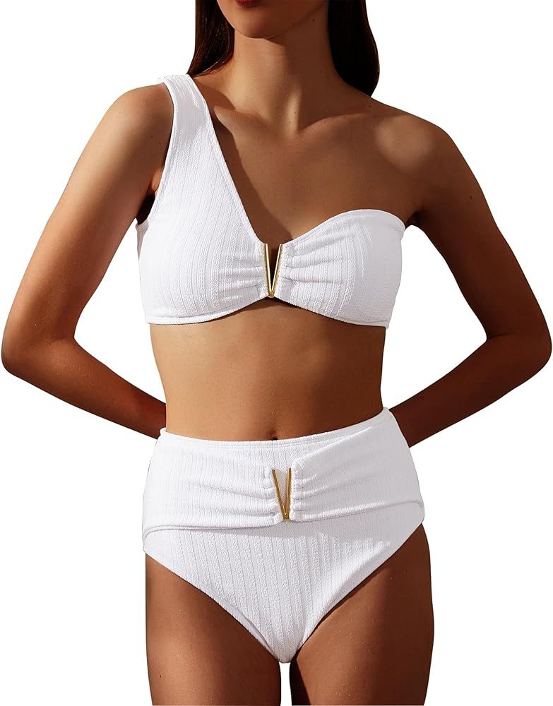 Brujula Women's Ribbed Bikini Sets One Shoulder Top with High Waist Two Piece Bathing Suit | Amazon (US)