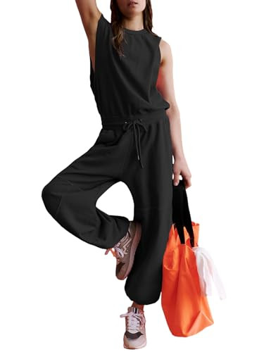 Flygo Womens Casual Jumpsuit Crewneck Cap Sleeve Long Wide Leg Pants One Piece Outfits Drawstring... | Amazon (US)