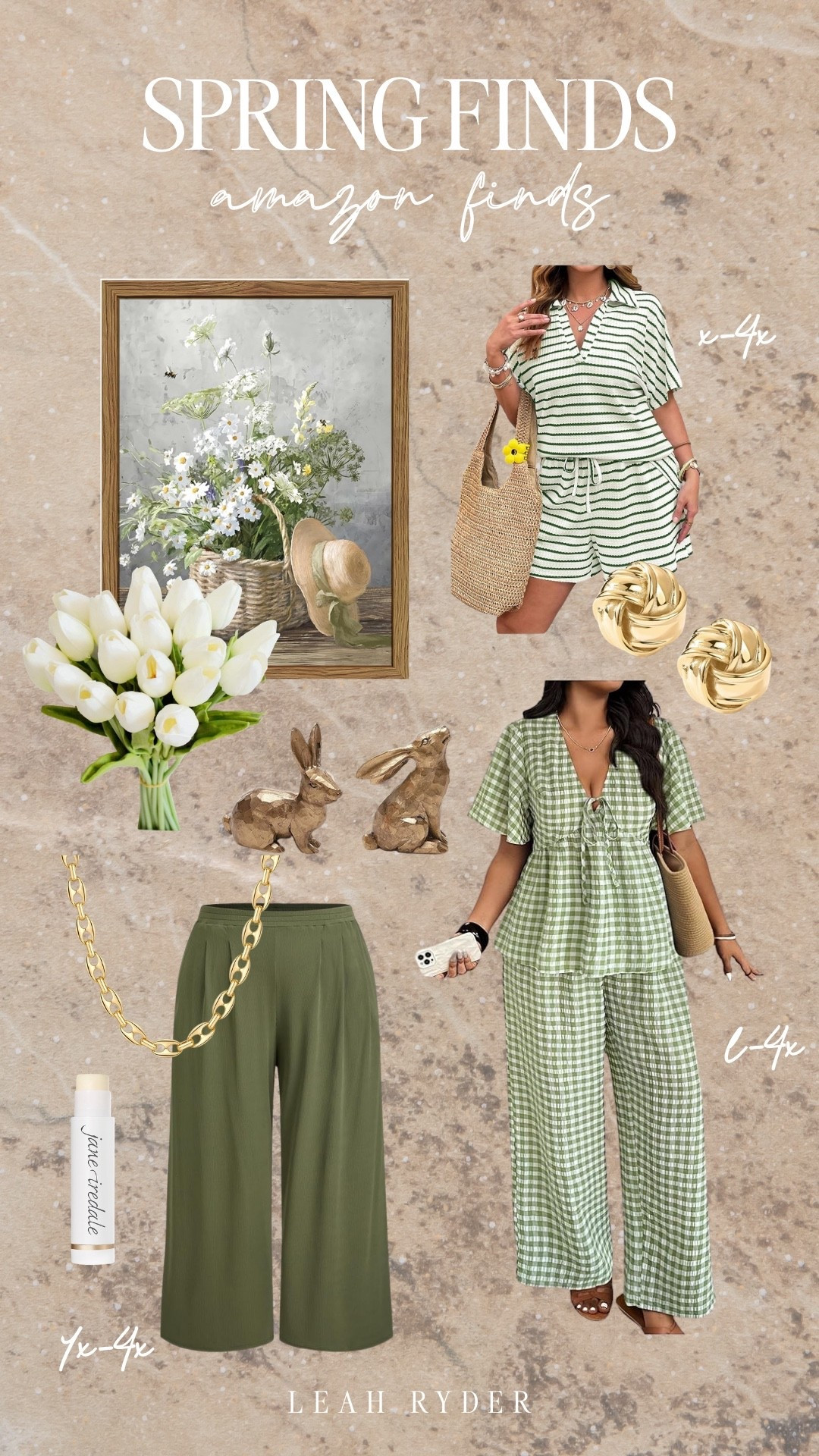 Spring Amazon finds featuring cute spring outfits, affordable Amazon fashion, and fresh spring home decor ideas. This roundup includes green matching sets, gingham lounge sets, wide leg pants, gold jewelry, and simple spring decor like floral artwork and bunny accents. These Amazon spring finds are perfect for refreshing your wardrobe and home for the new season.


#LTKPlusSize #LTKSeasonal