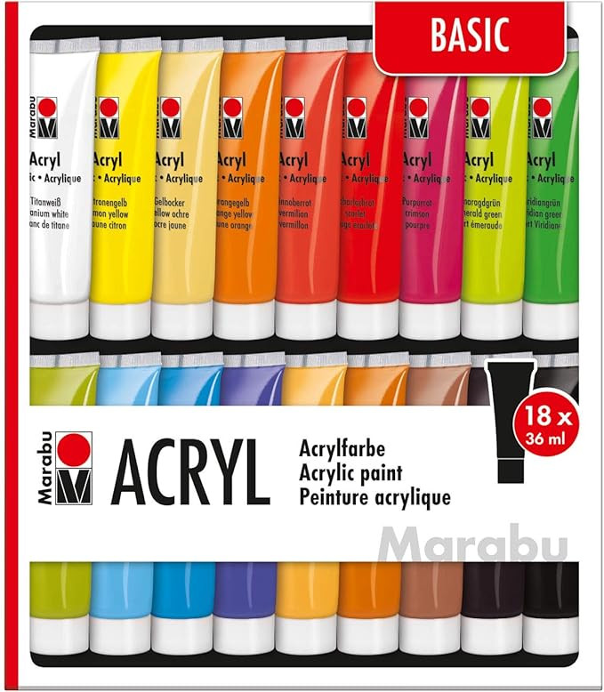 Marabu 1210000000201 - Acrylfarben Set Basic, mit 18 x 36 ml Farbe, auf Wasserbasis, für viele U... | Amazon (DE)