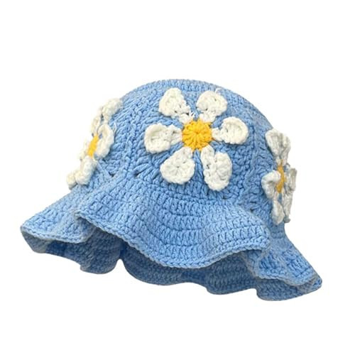 Ahouws Crochet Bucket Hat for Women Flower Knit Hat Ruffled Hollow Out Foldable Cap Hats(Blue+White) | Amazon (US)