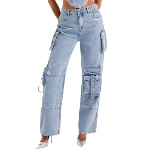 Cargo Jeans for Women Flap Pocket Straight Leg Baggy Jeans Y2K Wide Leg Pants Streetwear Trousers Blue M | Amazon (US)