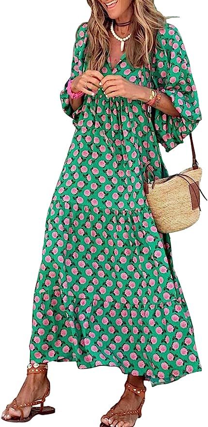 miduo Womens Loose Fit Casual Summer V Neck Half Sleeve Bohemian Geometric Pattern Maxi Long Dres... | Amazon (US)