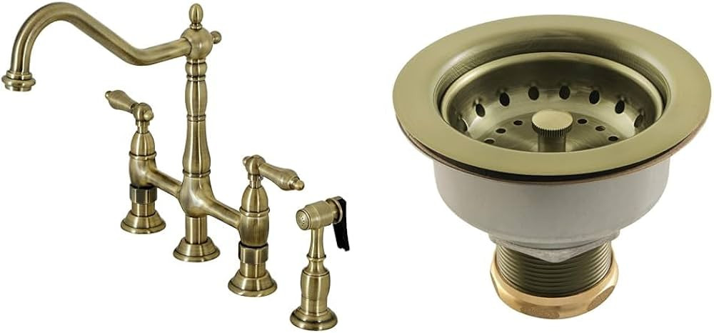 Kingston Brass 8" Kitchen Bridge Faucet, Basket Strainer, Antique Brass | Amazon (US)