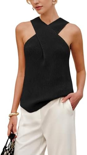 Yeokou Women Halter Cross Over Collar Tank Knit Sleeveless Top Solid Color Casual Summer Blouse | Amazon (US)