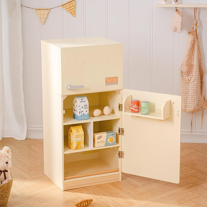 ROBOTIME Play Kitchen Toy Fridge - Wooden Toy Refrigerator with Accessories, Pretend Play Kitchen... | Amazon (US)
