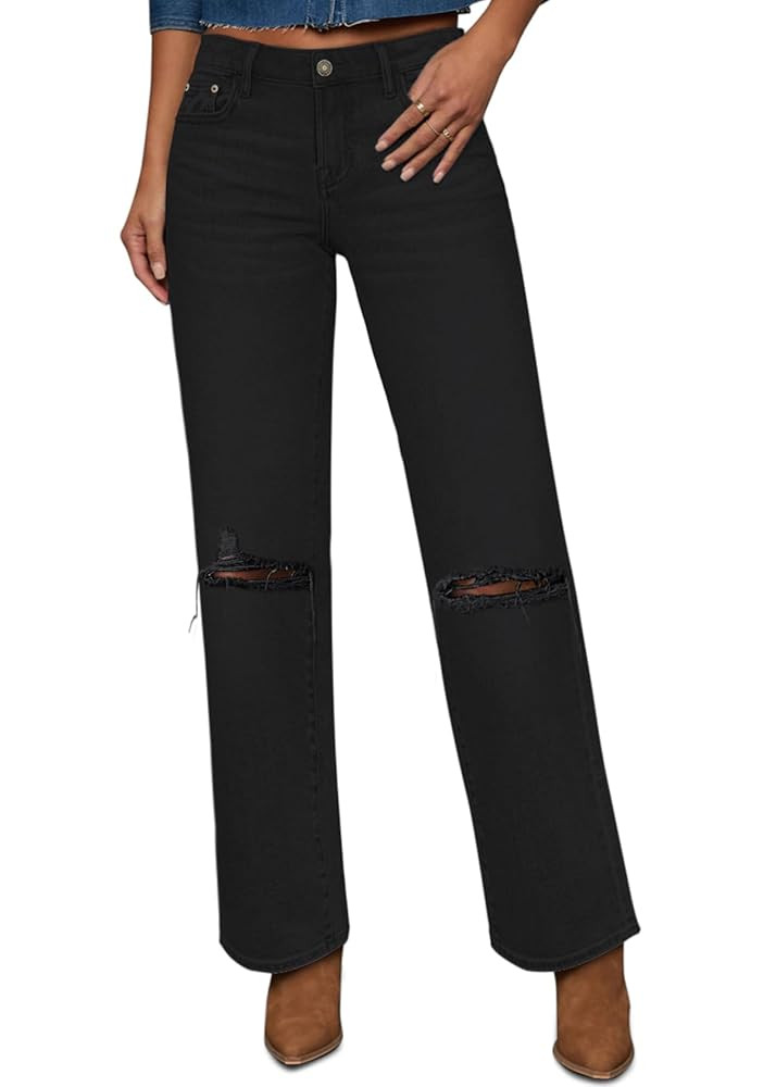 Straight Leg Jeans for Women Trendy High Waisted Cropped Boyfriend Mom Stretchy Frayed Hem Loose ... | Amazon (US)