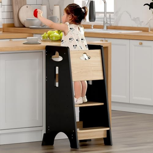 COSYLAND Toddler Standing Tower Adjustable Height - Super Stable Toddler Kitchen Stool Helper with Protive Panel - 3 Levels Adjustable Wooden Kitchen Stool for Kids (Natural & Black) | Amazon (US)