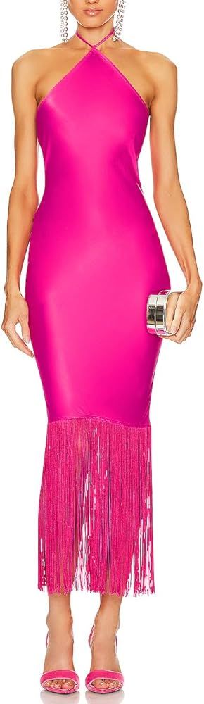 JLCNCUE Women Halter Neck Bodycon Evening Gown with Fringe Hem Sleeveless Open Back Tassels Cockt... | Amazon (US)