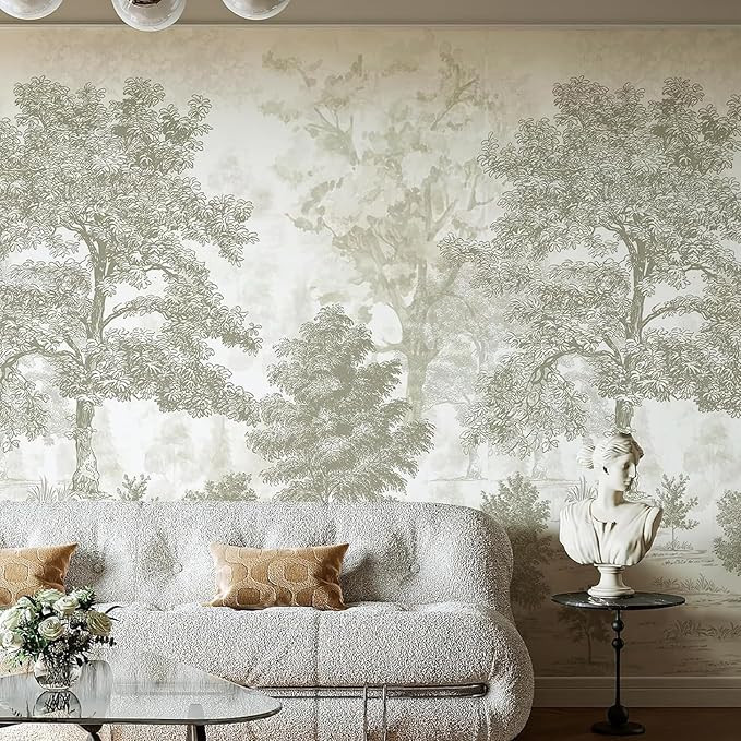 Vintage Forest Wall Mural 87" W X 110" H Peel and Stick Beige Green Tree Wall Mural Nature Landsc... | Amazon (US)