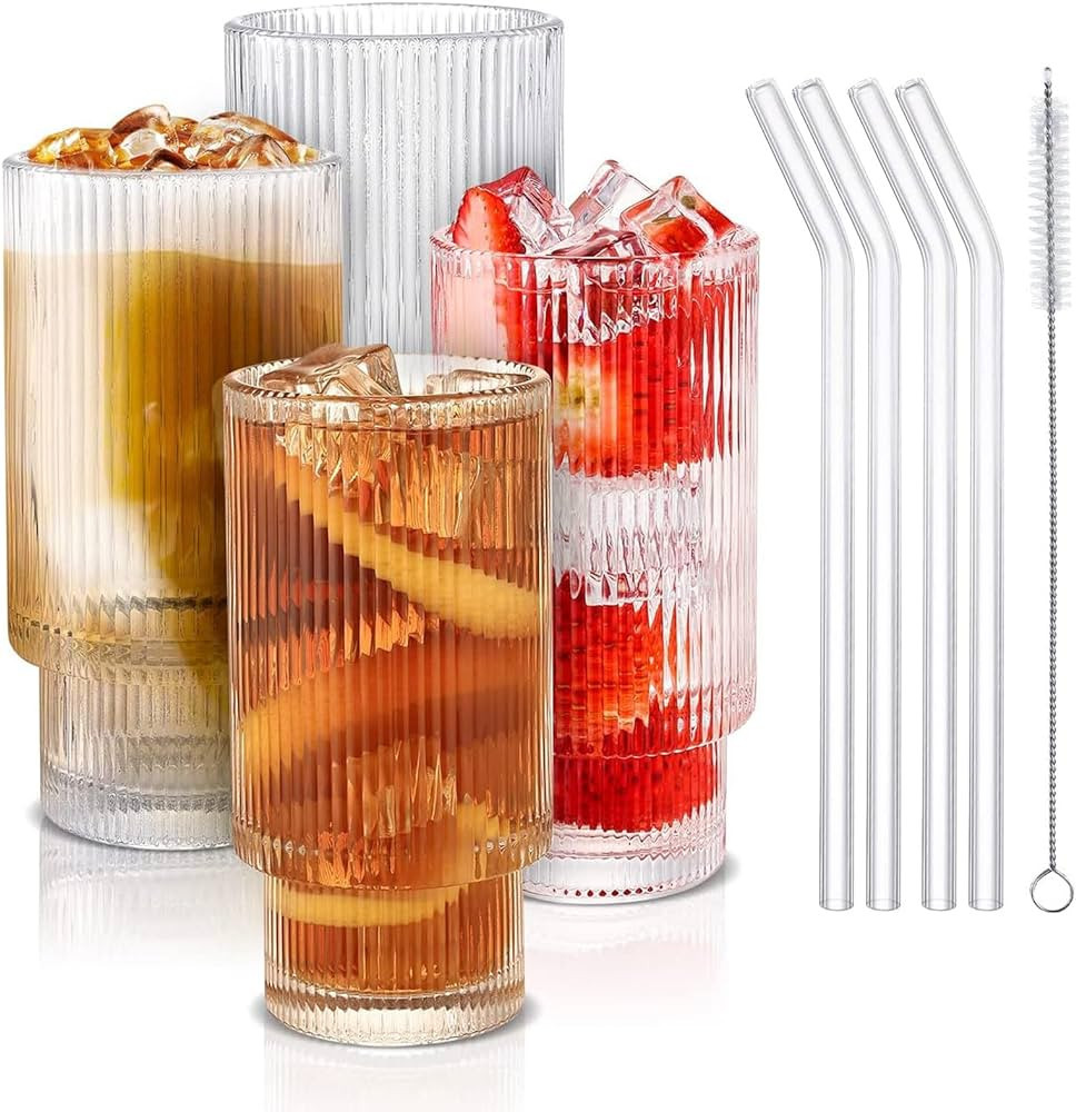 Ribbed Glass Cups with Straws 4pcs Set, 12oz Drinking Glasses with Cleaning Brushes, Ribbed Glass... | Amazon (US)