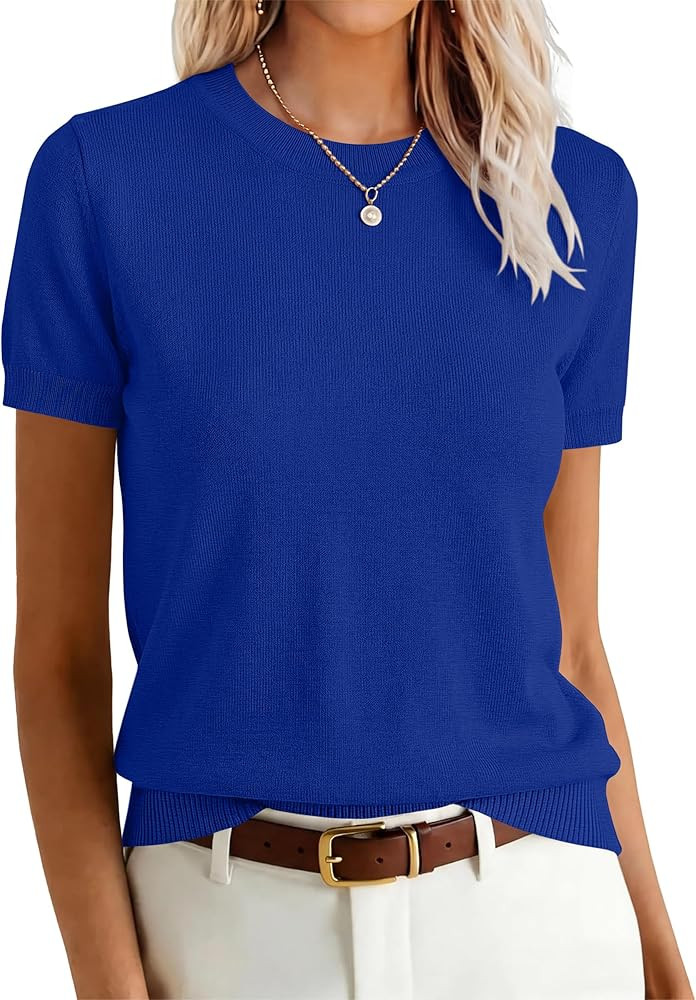 ANRABESS Womens Short Sleeve Sweaters Wool Blend Crew Neck Sweater Shirts Business Casual Work To... | Amazon (US)