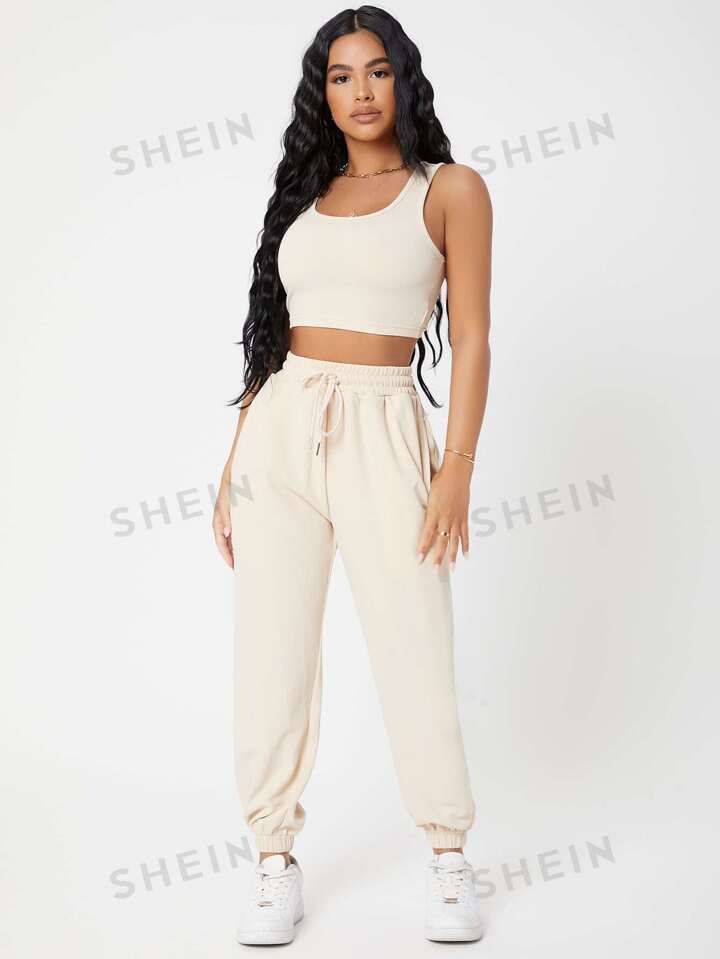 SHEIN PETITE Solid Crop Tank Top And Joggers Set | SHEIN