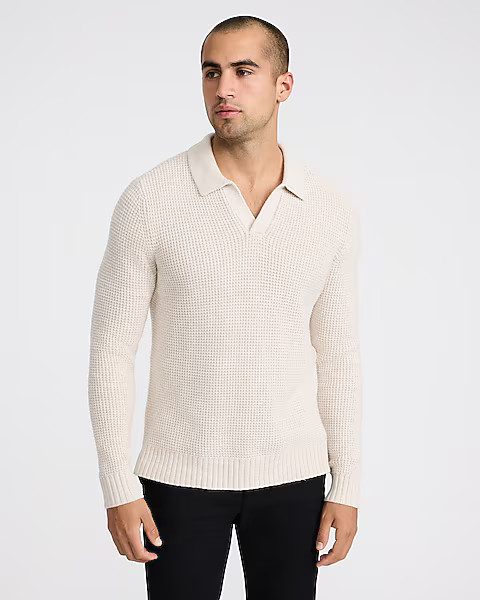 Waffle Knit Johnny Collar Long Sleeve Sweater Polo | Express