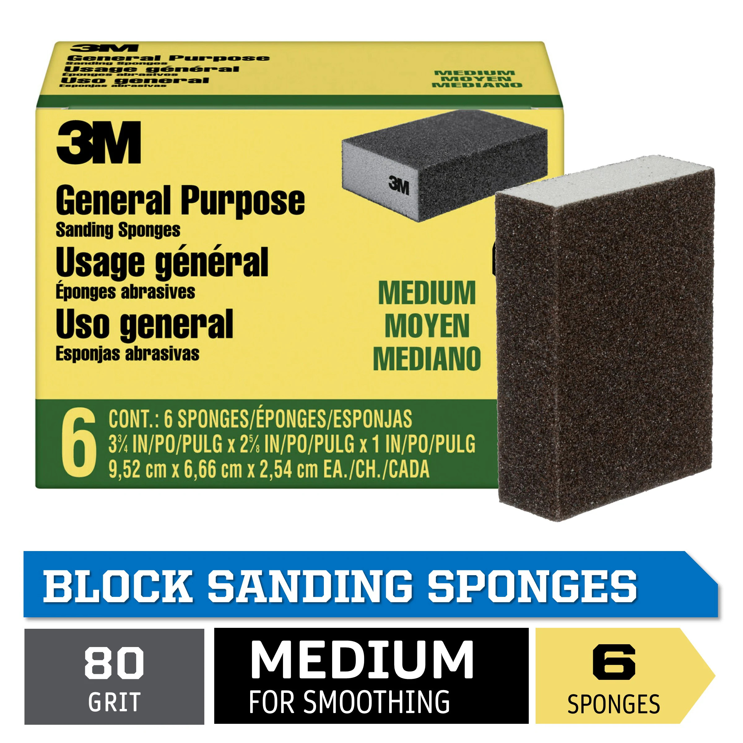3M All Purpose Medium 80-Grit Sanding Sponge 2.62-in x 3.75-in 6 -Pack | SSG-M-6PK | Lowe's