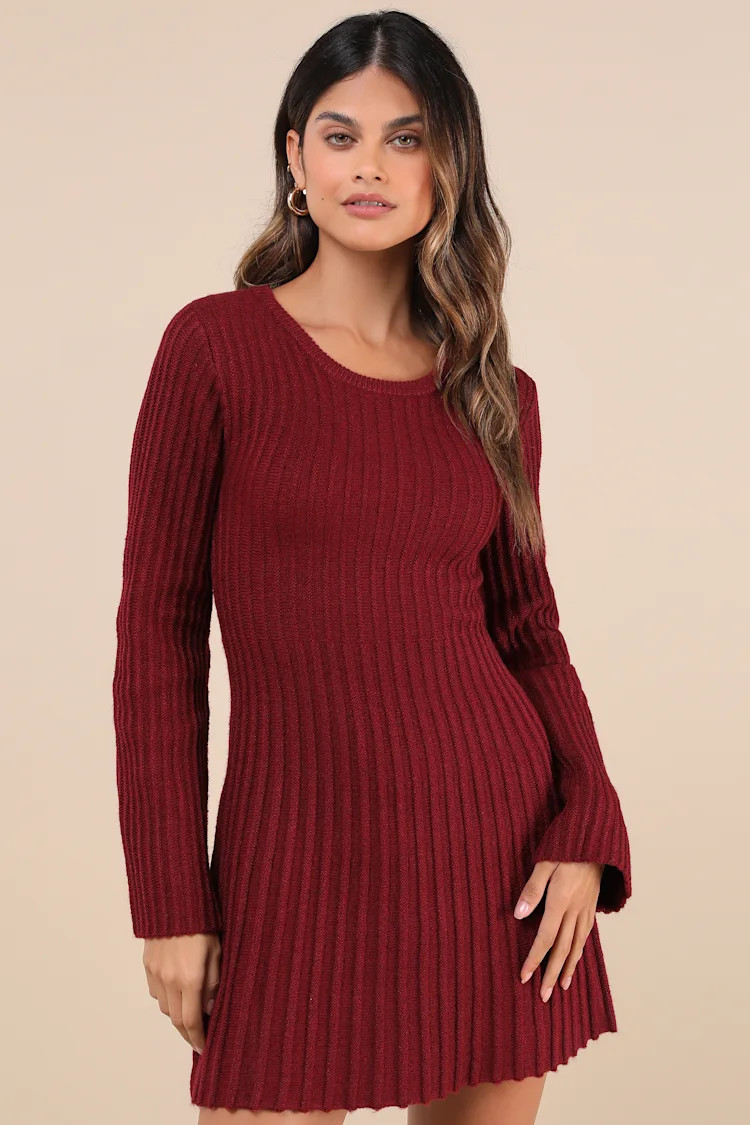 Convincing Poise Burgundy Ribbed Long Sleeve Skater Mini Dress | Lulus