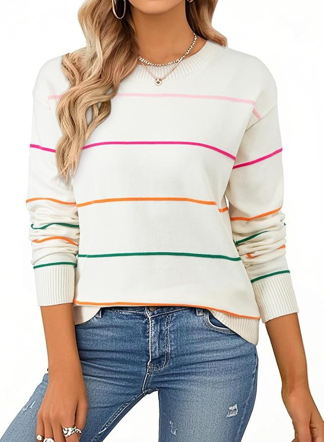 SHEWIN Womens Sweaters Crew Neck Knit Long Sleeve Striped Sweater Fall Outfits for Women 2026 | Amazon (US)