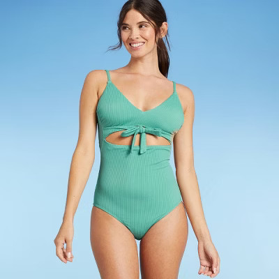 Women's Ribbed Plunge Cut Out Sash-Tie One Piece Swimsuit - Shade & Shore™ Sea Gree... | Target