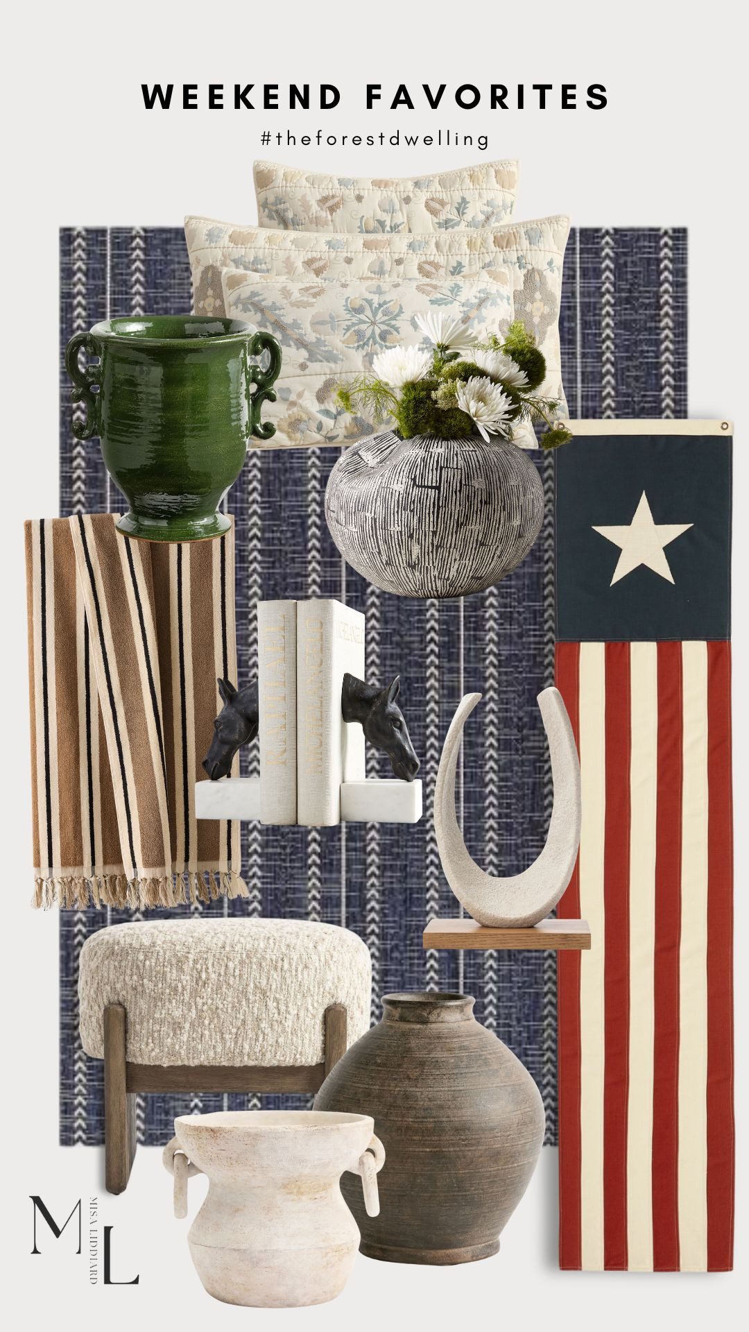 Sharing the top picks from the weekend! The Ayra outdoor rug is so good for the Fourth of July. Love the navy blue. Several of these decor pieces are currently styled on the built-in shelves in my great room. The upholstered stools were such a good find. I have the banner flags hung on each side of my front door. I used suction cup hooks and they've stayed in place really well.  

 #LTKdayinmylife #LTKSeasonal #LTKHome