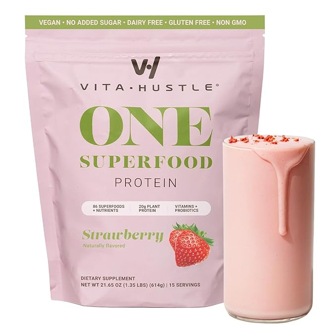 VitaHustle ONE Vegan Strawberry Protein Powder - 20g Plant Protein Meal Replacement with 86+ Supe... | Amazon (US)