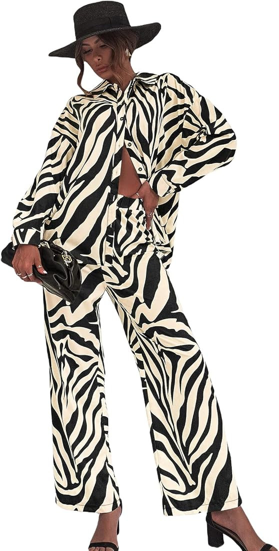 WDIRARA Women's Zebra Print Button Drop Shoulder Long Sleeve Blouse and Pants 2 Piece Outfit Set | Amazon (US)