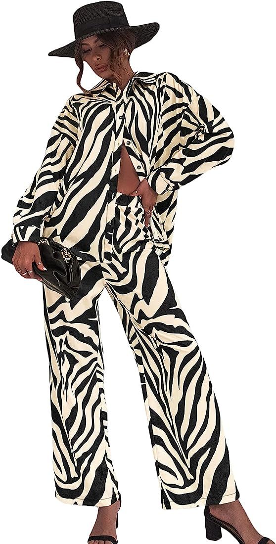 WDIRARA Women's Zebra Print Button Drop Shoulder Long Sleeve Blouse and Pants 2 Piece Outfit Set | Amazon (US)