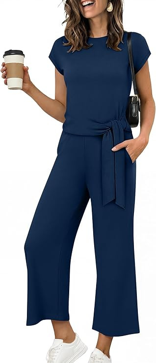 Women 2 Piece Outfits 2026 Summer Lounge Sets Cap Sleeve Tie Waisted Top Wide Leg Pant Airport Va... | Amazon (US)