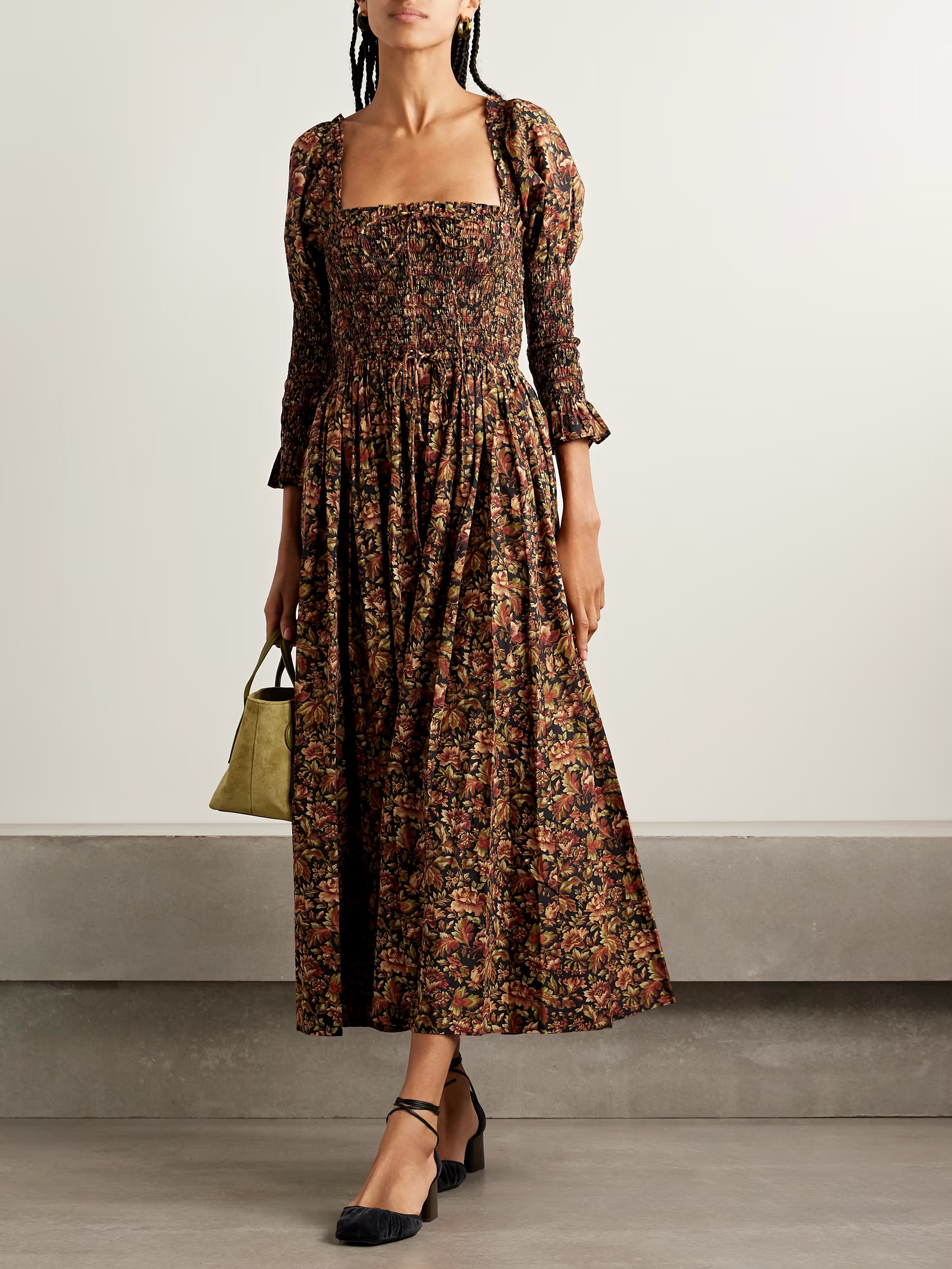 Bijou shirred floral-print organic cotton-voile midi dress | NET-A-PORTER (US)