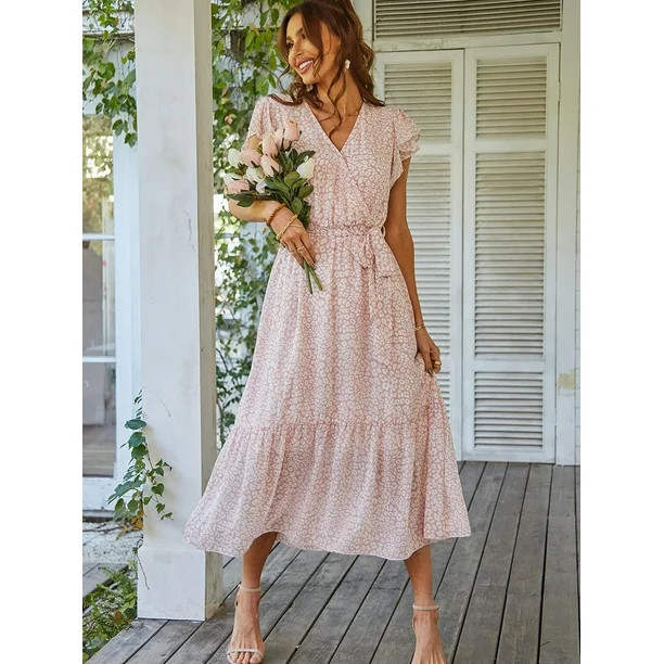Fantaslook Floral Summer Womens Dress V Neck Ruffle Sleeve A-Line Bohemian Maxi Dress with Belted | Walmart (US)