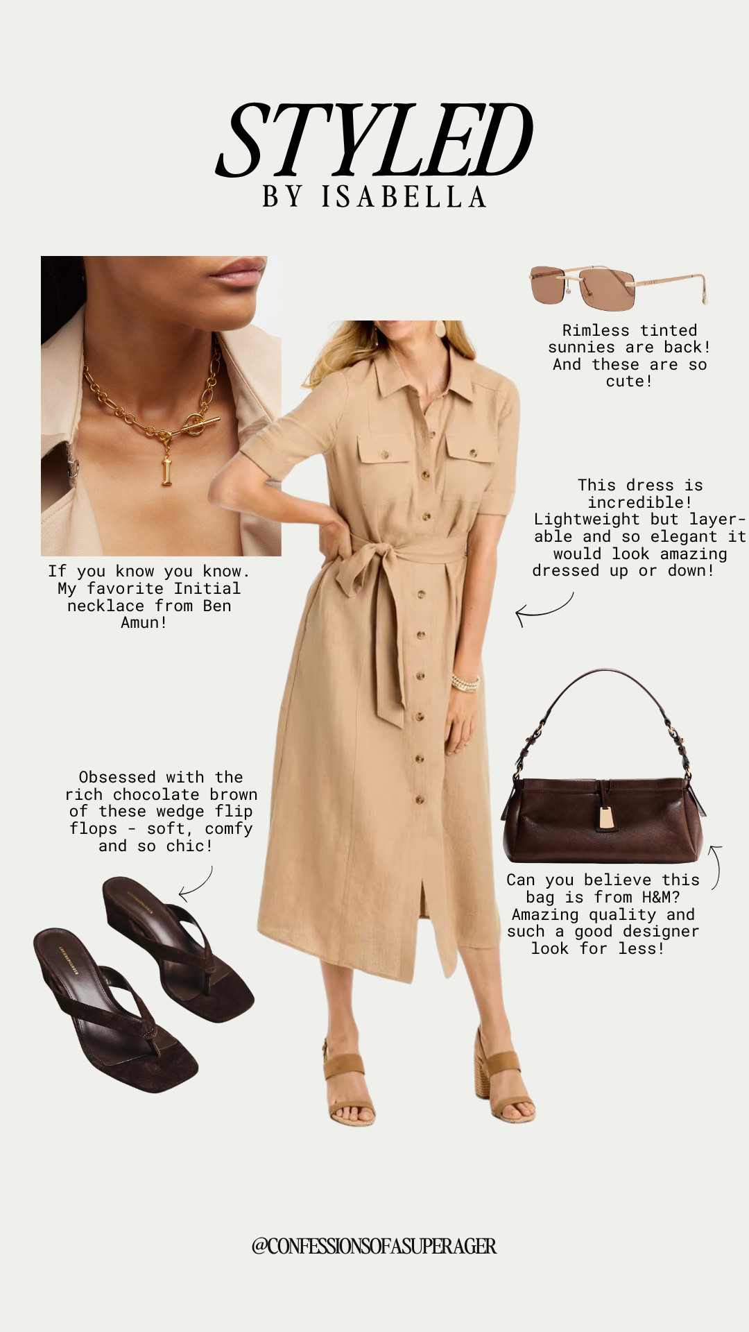 This effortless linen shirt dress is the definition of elevated everyday style 🤎 The neutral midi silhouette, rich chocolate brown accessories, timeless Ben-Amun initial necklace, and chic rimless sunglasses make this the perfect look for travel, brunch, work, vacation, or warm-weather days. And that H&M bag? Such a designer-inspired find! Shop the entire look linked on LTK @confessionsofasuperager ✨ #LTKStyle #LinenDress #ShirtDress #SummerStyle #NeutralStyle #QuietLuxury #OldMoneyStyle #CapsuleWardrobe #VacationStyle #TravelOutfit #FashionOver40 #Over40Style #ClassicStyle #TimelessFashion #AffordableFashion #HMFashion #DesignerInspired #EverydayChic #SummerFashion #StyleInspiration

#LTKSeasonal #LTKOver40 #LTKSaleAlert