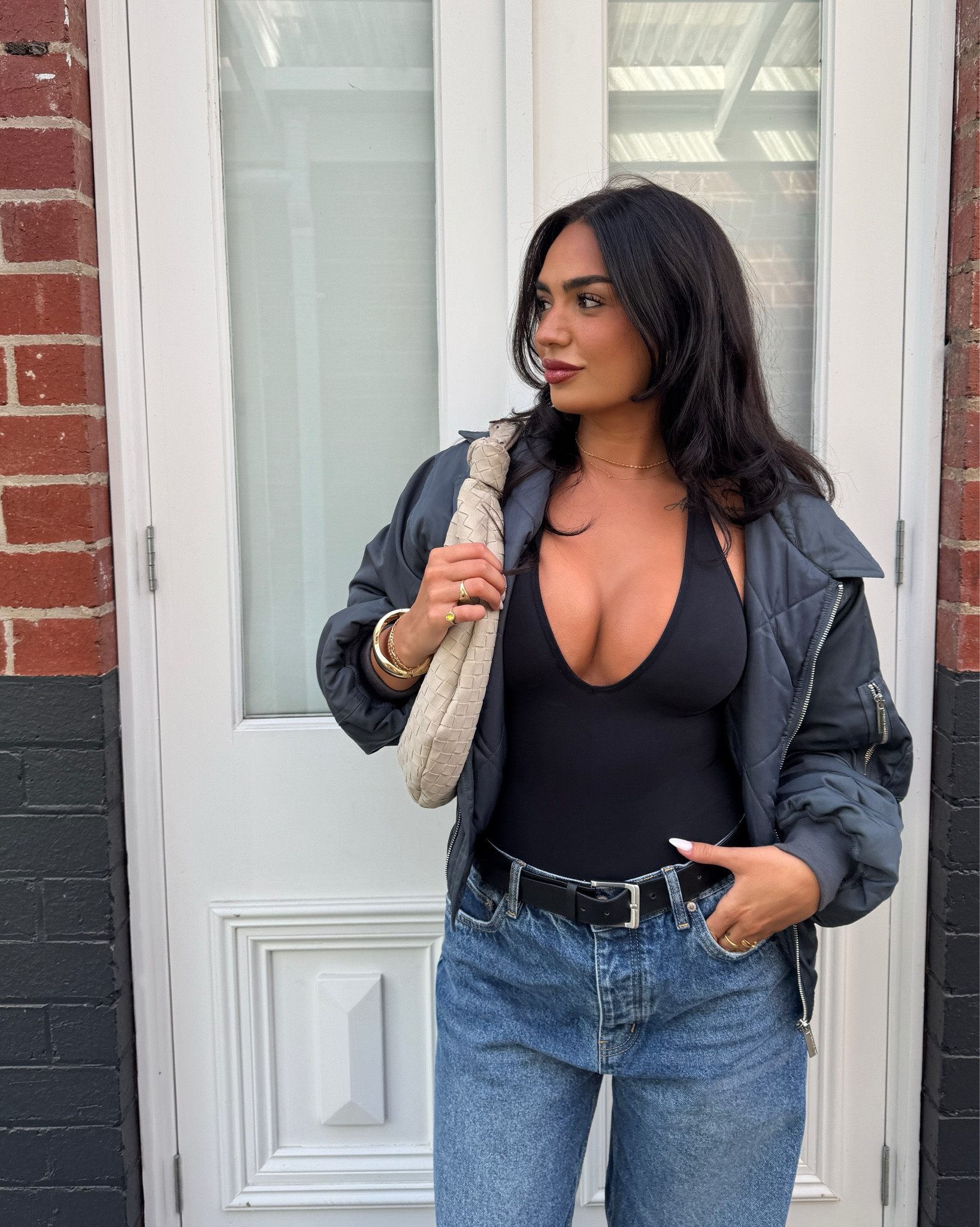 In love with this casual going out outfit for tonight! The jeans are Bayse brand, the belt is Vik & Woods, the bodysuit is Skims, the jacket is Scarlet & Sam, and my bag is Edyisa!! 

#LTKsummer #LTKbeauty #LTKstyletip