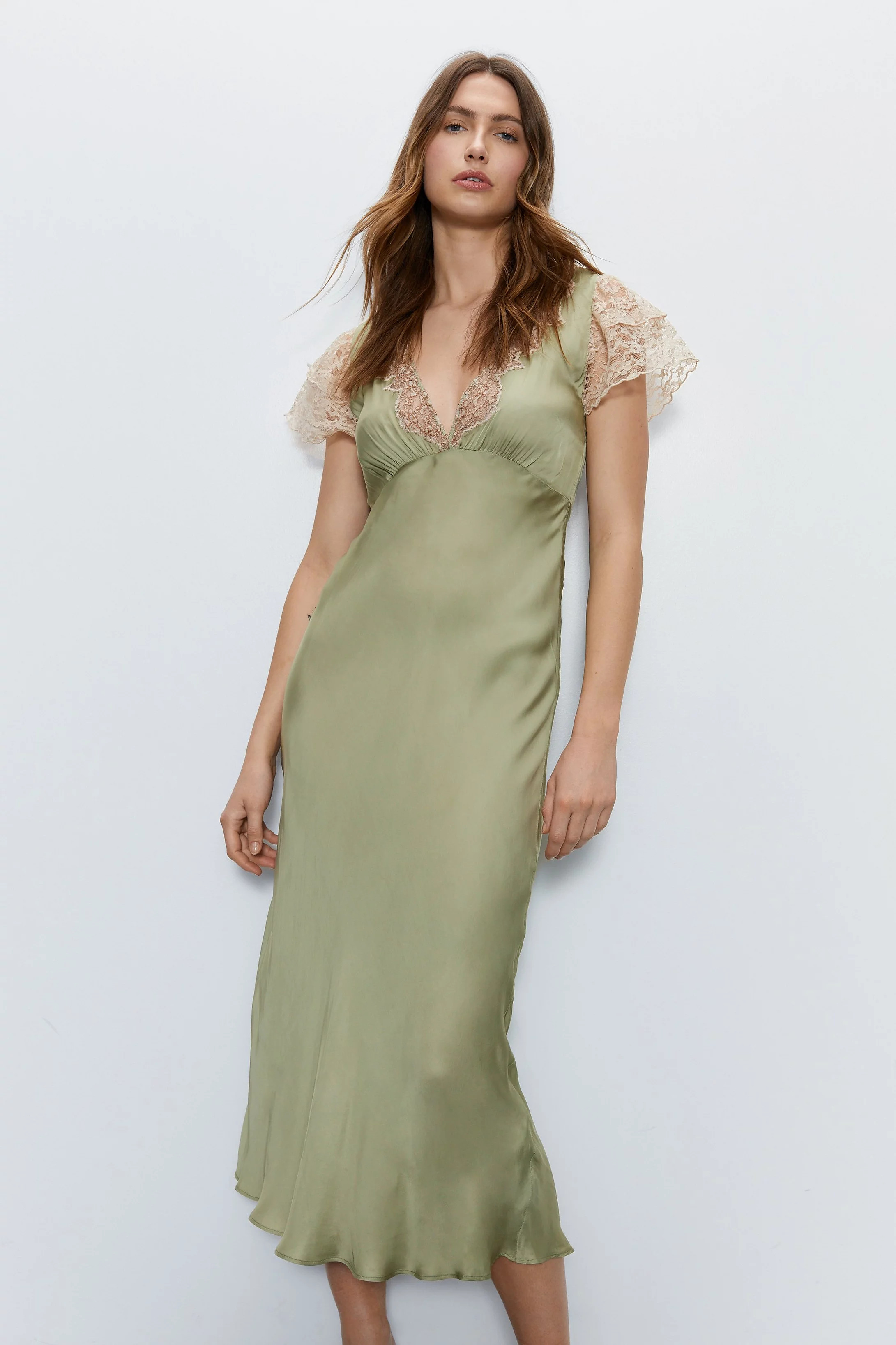 Plunge Lace Detail Satin Maxi Dress | Warehouse UK & IE
