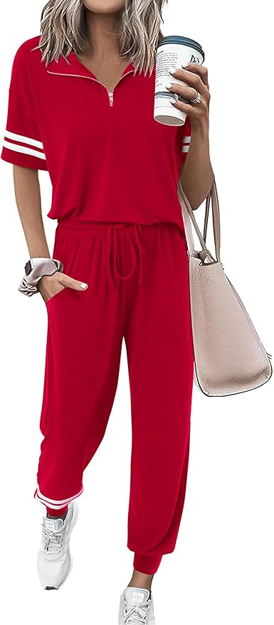 MASCOMODA 2 Piece Outfits for Women 2025 Summer Casual Quarter Zip Short Sleeve Tops Long Pants T... | Amazon (US)