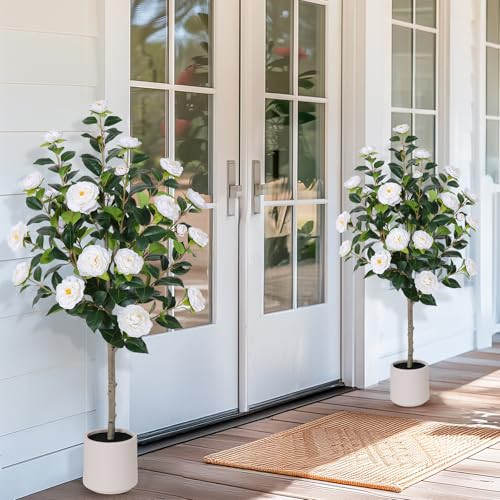 Yepdin 47 inch Artificial Camellia Tree with White Flower Pots -2 Pack White Fake Tree,4 Ft Faux Plants Indoor wich Blooming,Artificial Plants for Indoor & Outdoor Home Front Door Decor | Amazon (US)